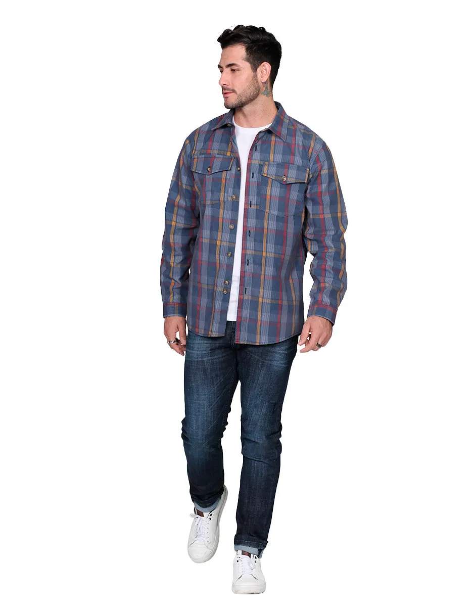 Camisas Para Hombre De Manga Larga Tipo Pana Con Estampado De Cuadros Relaxed Fit B35123 Azul