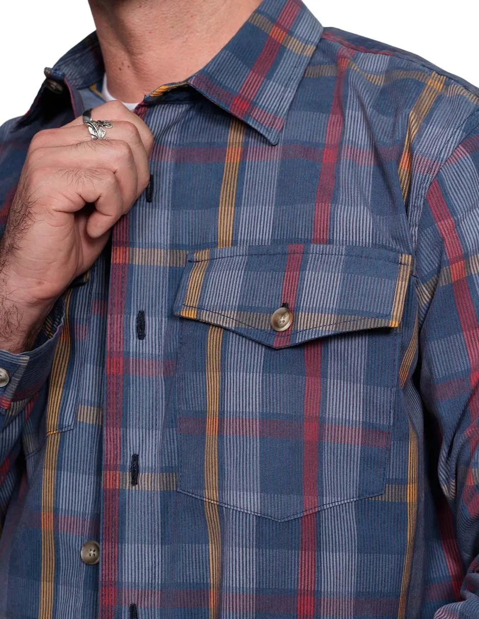Camisas Para Hombre De Manga Larga Tipo Pana Con Estampado De Cuadros Relaxed Fit B35123 Azul