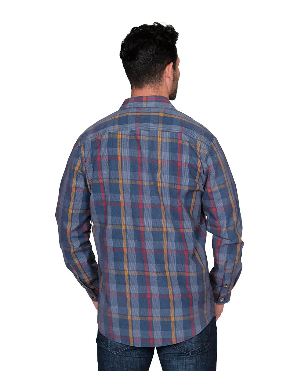 Camisas Para Hombre De Manga Larga Tipo Pana Con Estampado De Cuadros Relaxed Fit B35123 Azul