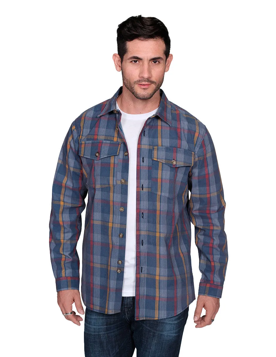 Camisas Para Hombre De Manga Larga Tipo Pana Con Estampado De Cuadros Relaxed Fit B35123 Azul