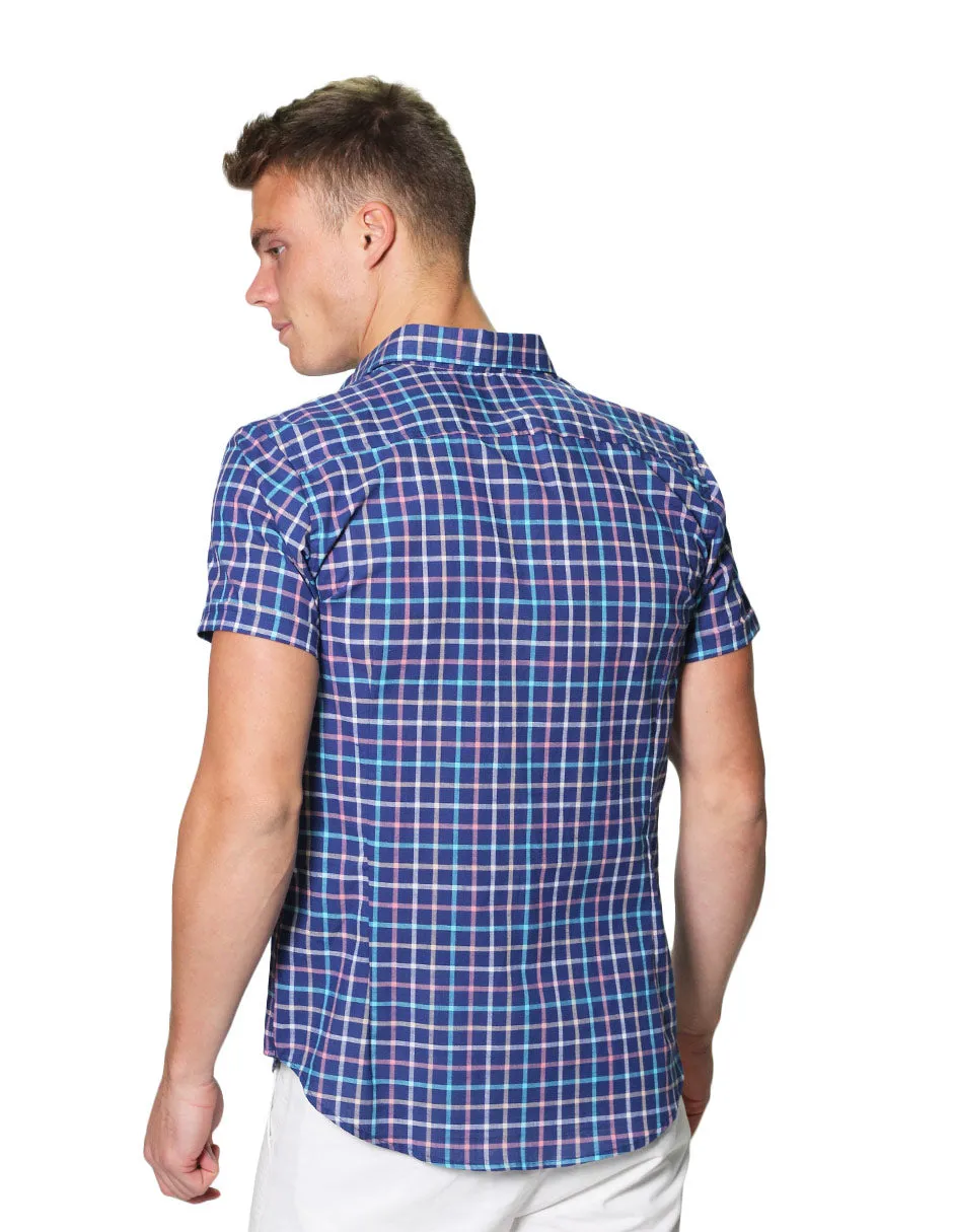 Camisas Para Hombre Manga Corta Estampado Cuadros Slim Fit B31362 Marino