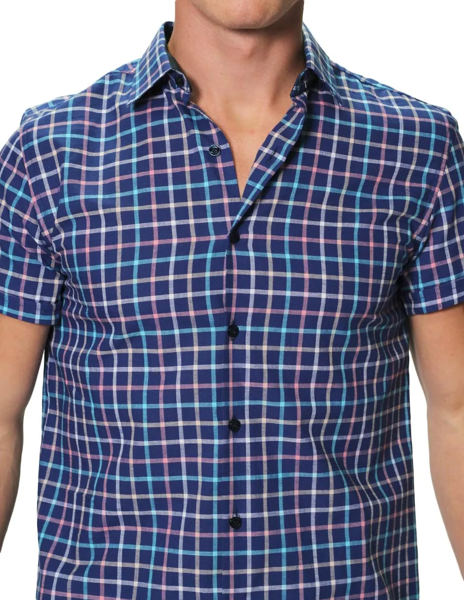 Camisas Para Hombre Manga Corta Estampado Cuadros Slim Fit B31362 Marino