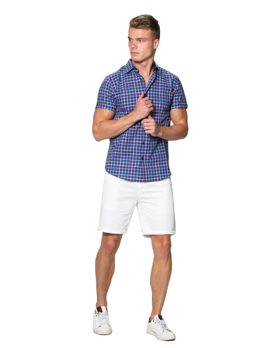 Camisas Para Hombre Manga Corta Estampado Cuadros Slim Fit B31362 Marino