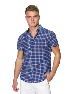Camisas Para Hombre Manga Corta Estampado Cuadros Slim Fit B31362 Marino