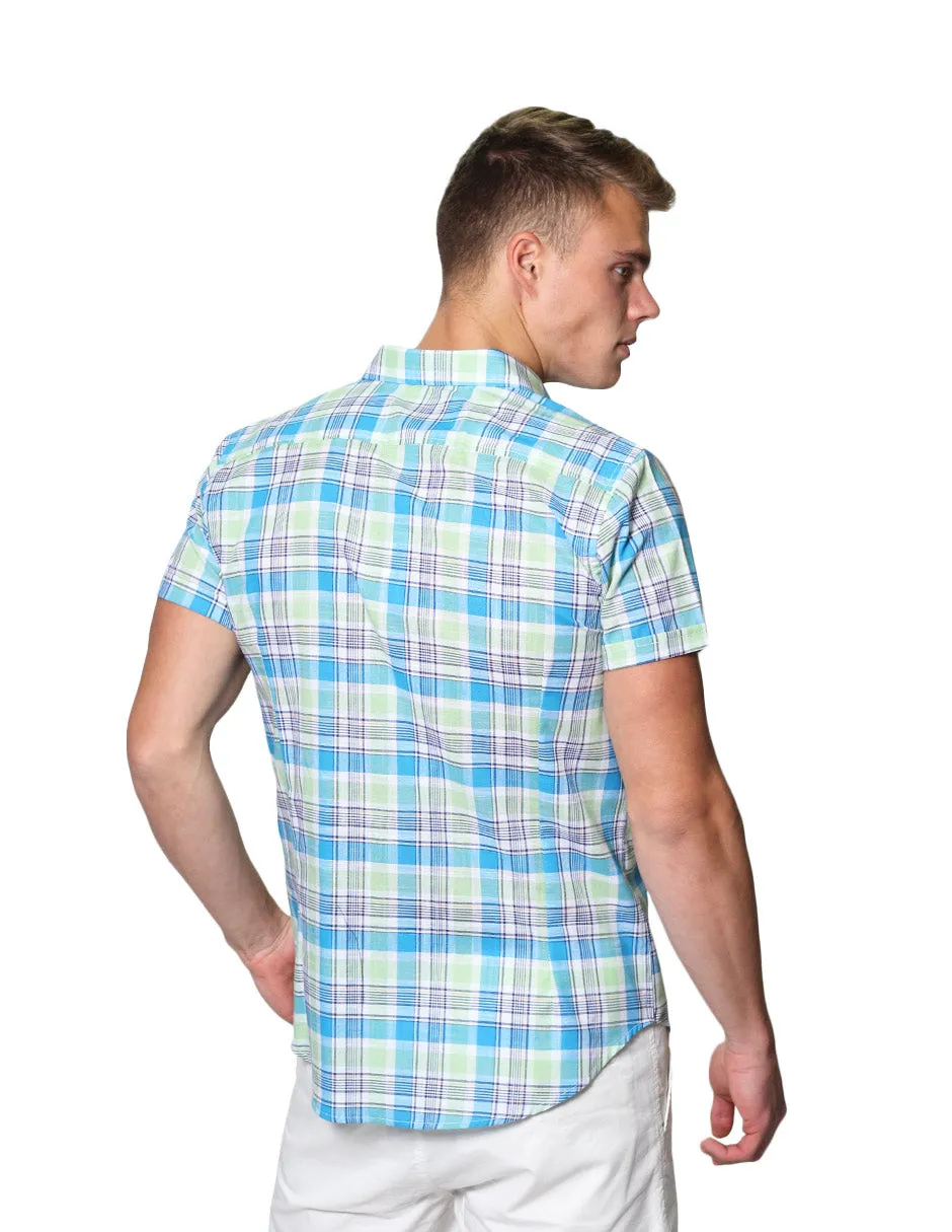 Camisas Para Hombre Manga Corta Estampado Cuadros Slim Fit B31364 Azul
