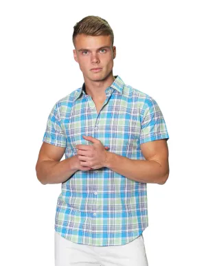 Camisas Para Hombre Manga Corta Estampado Cuadros Slim Fit B31364 Azul