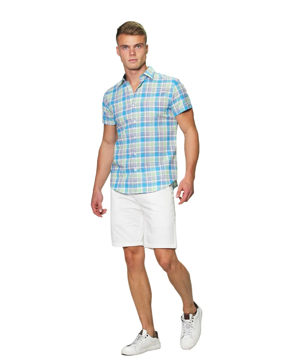 Camisas Para Hombre Manga Corta Estampado Cuadros Slim Fit B31364 Azul