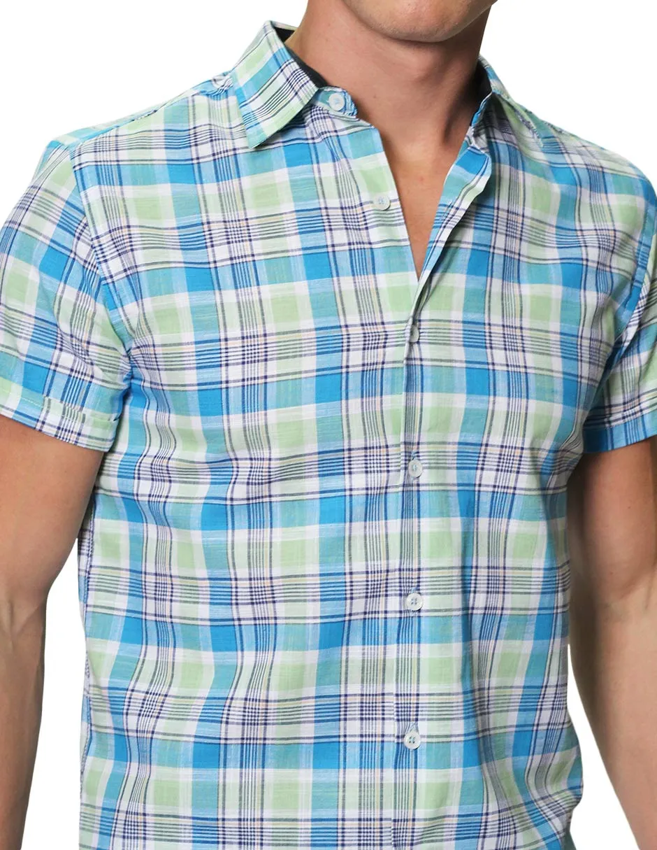 Camisas Para Hombre Manga Corta Estampado Cuadros Slim Fit B31364 Azul