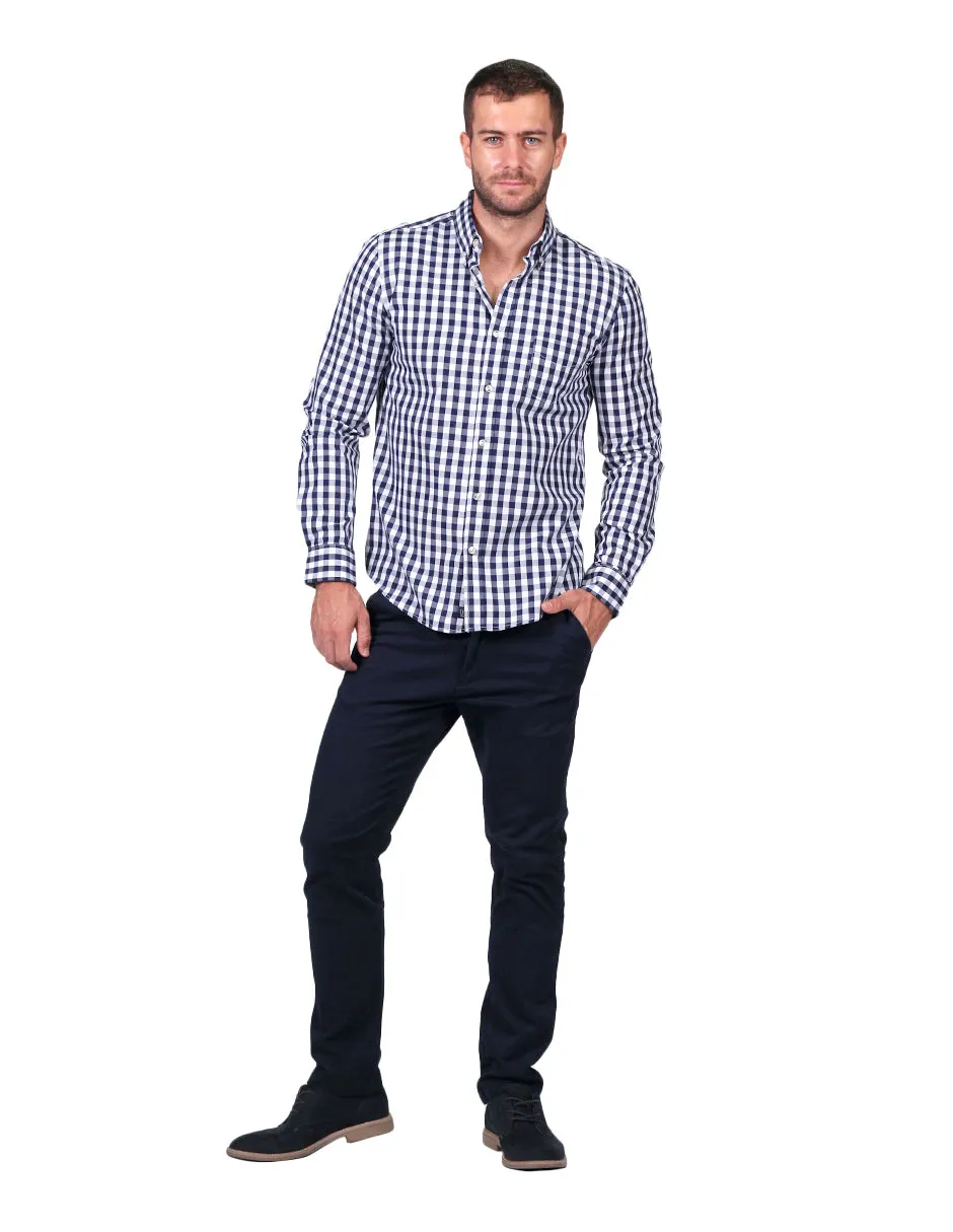 Camisas Para Hombre Manga Larga Cuadros Regular Fit Marino B25202