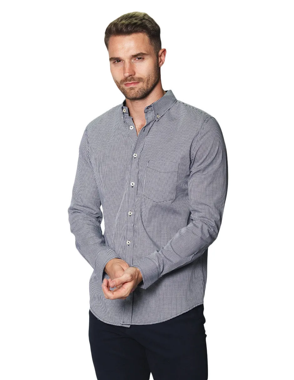 Camisas Para Hombre Manga Larga Micro Cuadros B45202 Marino