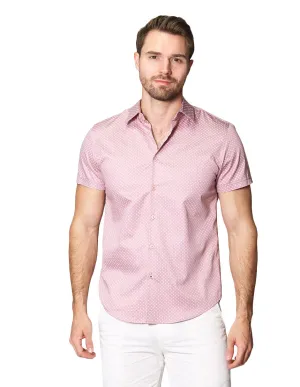 Camisas Para Hombre Satinada De Manga Corta Cuello Italiano Con Estampado De Micro Cuadros B41355 Rosa