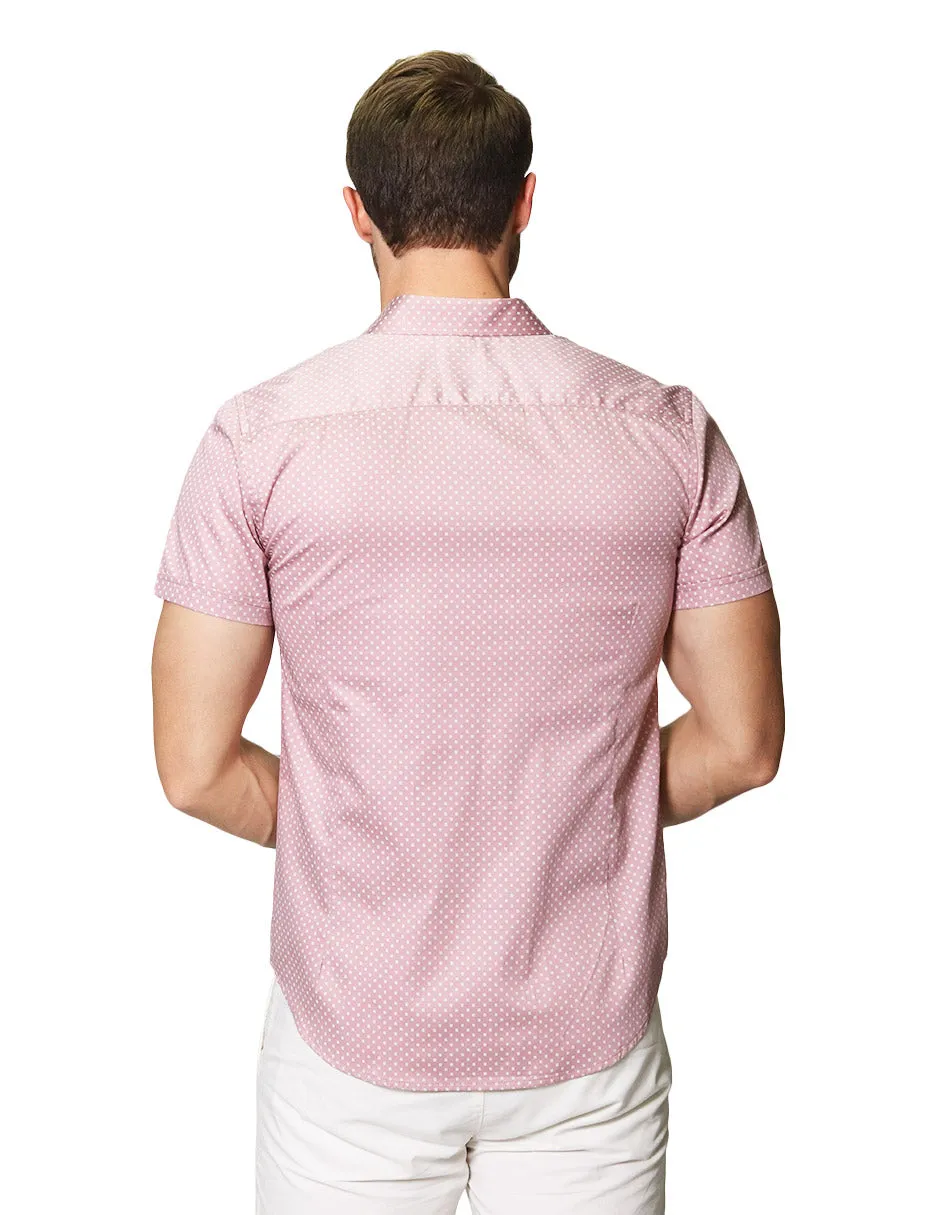 Camisas Para Hombre Satinada De Manga Corta Cuello Italiano Con Estampado De Micro Cuadros B41355 Rosa