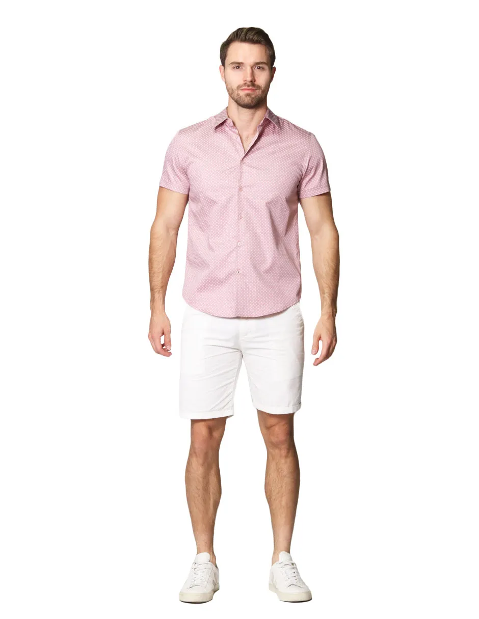 Camisas Para Hombre Satinada De Manga Corta Cuello Italiano Con Estampado De Micro Cuadros B41355 Rosa
