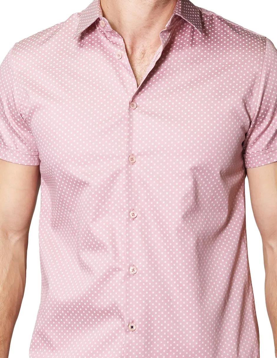 Camisas Para Hombre Satinada De Manga Corta Cuello Italiano Con Estampado De Micro Cuadros B41355 Rosa