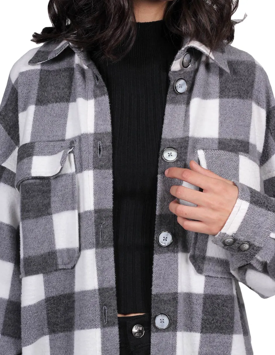 Chamarras Para Mujer Chaqueta Oversize Comodo Manga Larga Con Estampado de Cuadros Con Bolsas Q33100 Blanco