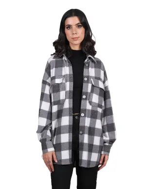 Chamarras Para Mujer Chaqueta Oversize Comodo Manga Larga Con Estampado de Cuadros Con Bolsas Q33100 Blanco
