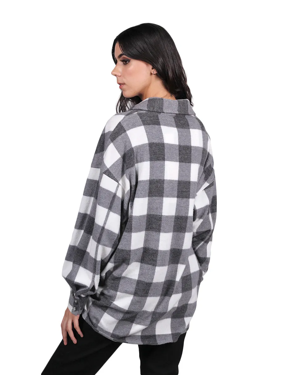 Chamarras Para Mujer Chaqueta Oversize Comodo Manga Larga Con Estampado de Cuadros Con Bolsas Q33100 Blanco