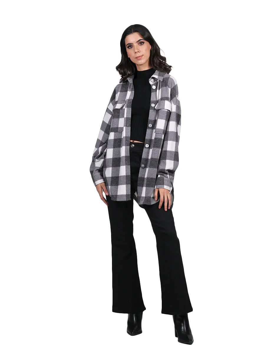 Chamarras Para Mujer Chaqueta Oversize Comodo Manga Larga Con Estampado de Cuadros Con Bolsas Q33100 Blanco