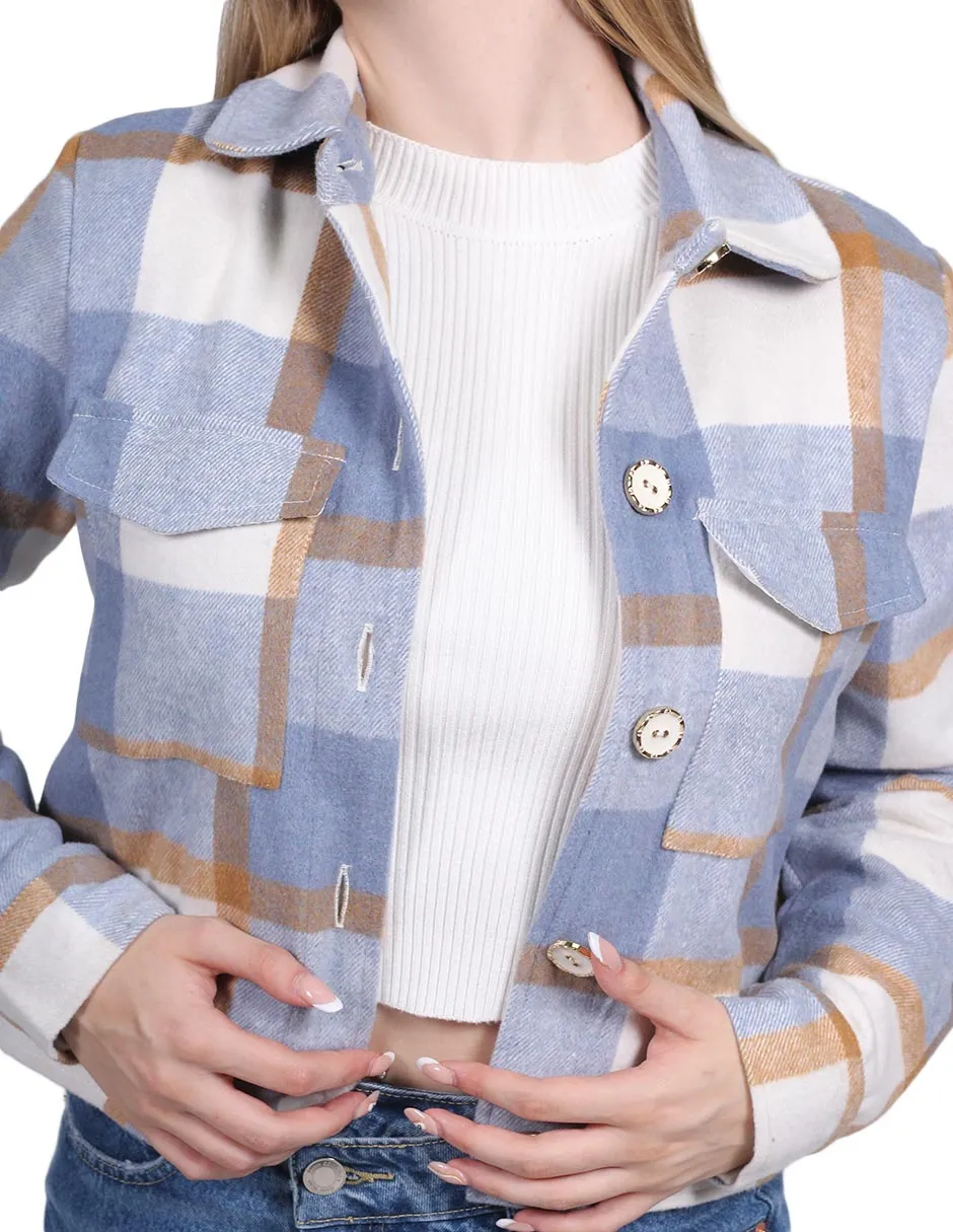 Chamarras Para Mujer Corta Estampado De Cuadros Con Bolsas Azul Q23105