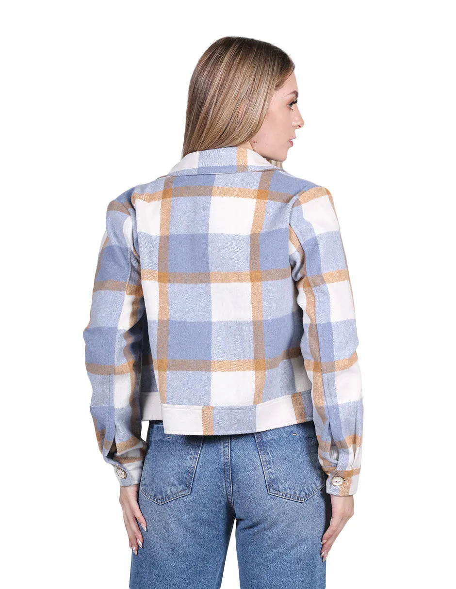 Chamarras Para Mujer Corta Estampado De Cuadros Con Bolsas Azul Q23105