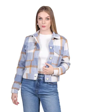 Chamarras Para Mujer Corta Estampado De Cuadros Con Bolsas Azul Q23105