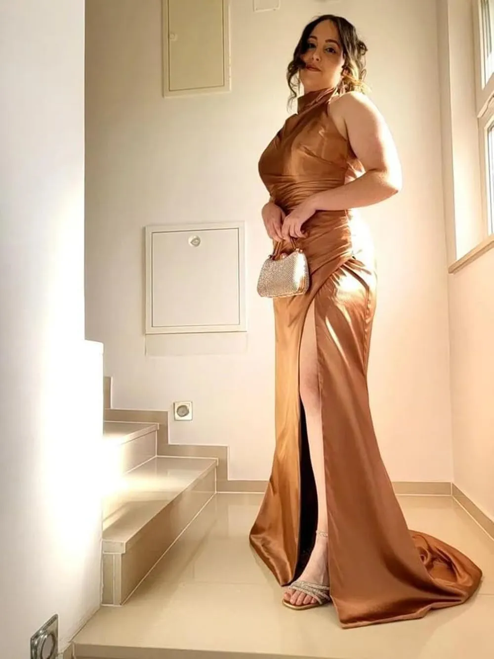 Clothfun Halter Satin Bridesmaid Dresses Long Mermaid Prom Dress for Women Formal Party Evening Gown with Slit