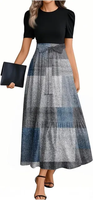 Dresses for Women 2025 Elegant Boho Tie Belted Patchwork Empire Waist Short Sleeve Modest Flowy Maxi Dress