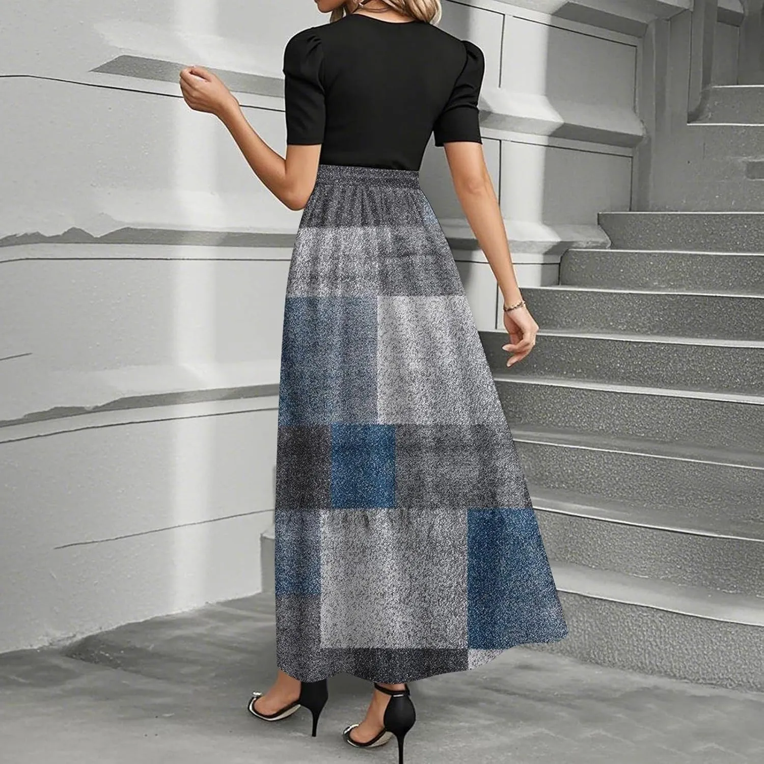Dresses for Women 2025 Elegant Boho Tie Belted Patchwork Empire Waist Short Sleeve Modest Flowy Maxi Dress