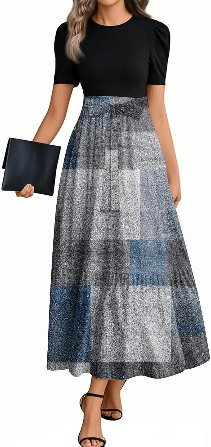Dresses for Women 2025 Elegant Boho Tie Belted Patchwork Empire Waist Short Sleeve Modest Flowy Maxi Dress
