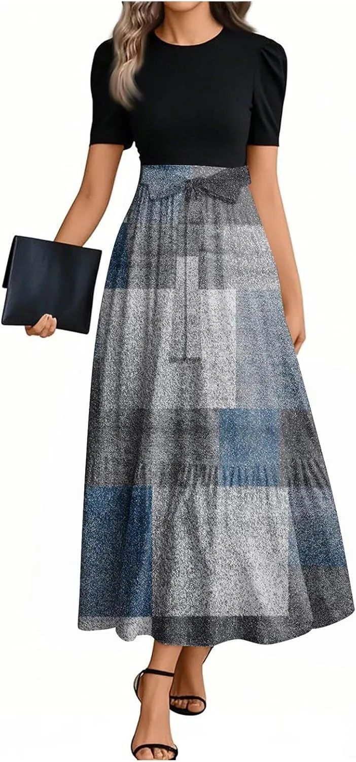 Dresses for Women 2025 Elegant Boho Tie Belted Patchwork Empire Waist Short Sleeve Modest Flowy Maxi Dress