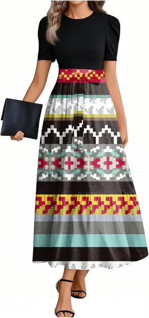 Dresses for Women 2025 Elegant Boho Tie Belted Patchwork Empire Waist Short Sleeve Modest Flowy Maxi Dress