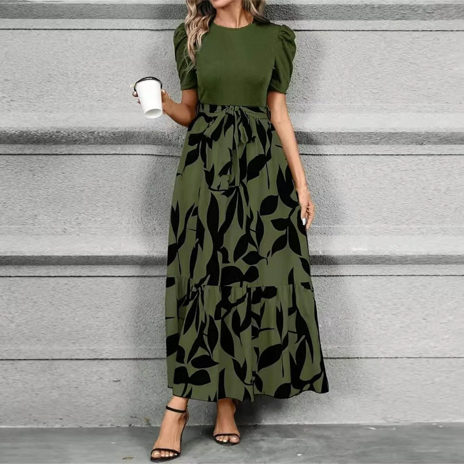 FlekmanArt Dresses for Women 2025 Elegant Boho Tie Belted Patchwork Empire Waist Short Sleeve Modest Crewneck Maxi Dress