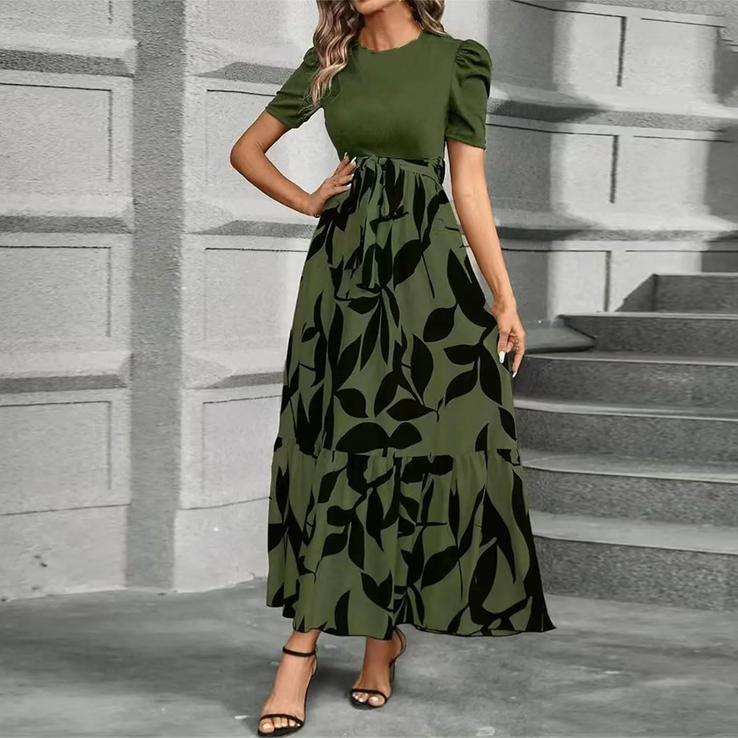 FlekmanArt Dresses for Women 2025 Elegant Boho Tie Belted Patchwork Empire Waist Short Sleeve Modest Crewneck Maxi Dress