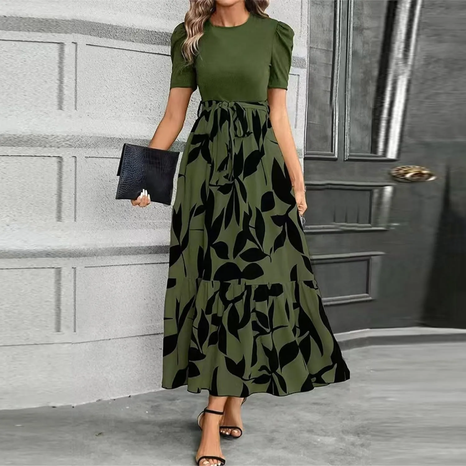 FlekmanArt Dresses for Women 2025 Elegant Boho Tie Belted Patchwork Empire Waist Short Sleeve Modest Crewneck Maxi Dress