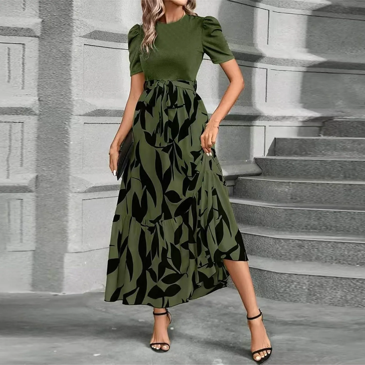 FlekmanArt Dresses for Women 2025 Elegant Boho Tie Belted Patchwork Empire Waist Short Sleeve Modest Crewneck Maxi Dress