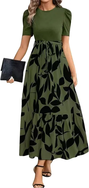 FlekmanArt Dresses for Women 2025 Elegant Boho Tie Belted Patchwork Empire Waist Short Sleeve Modest Crewneck Maxi Dress