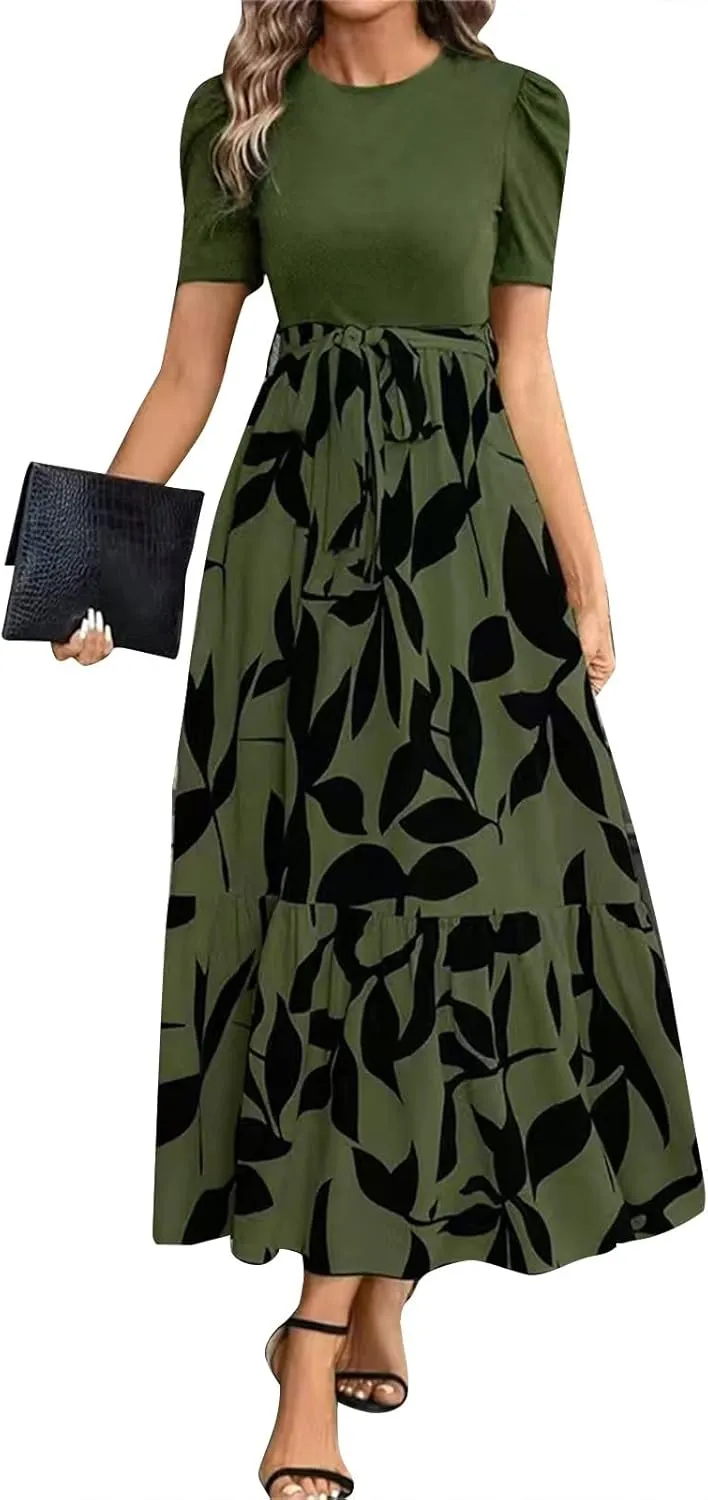 FlekmanArt Dresses for Women 2025 Elegant Boho Tie Belted Patchwork Empire Waist Short Sleeve Modest Crewneck Maxi Dress