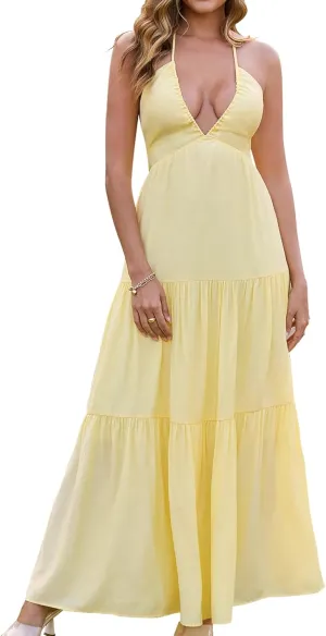 GLNEGE Summer Maxi Beach Dress Boho Halter V Neck Backless Bow Dresses Flowy Trendy Ruffle Sundress for Women 2025