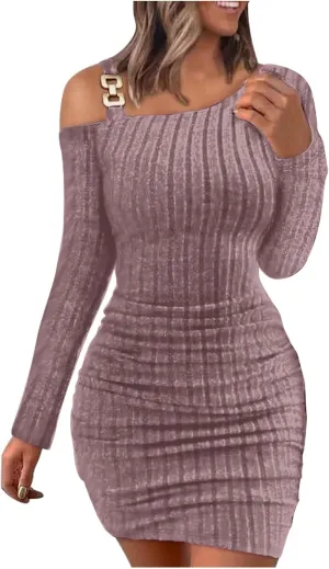 HGps8w Sweater Dress for Women Sexy Cold Shoulder Chain Strap Slim Fit Ribbed Knit Cocktail Party Bodycon Mini Dresses
