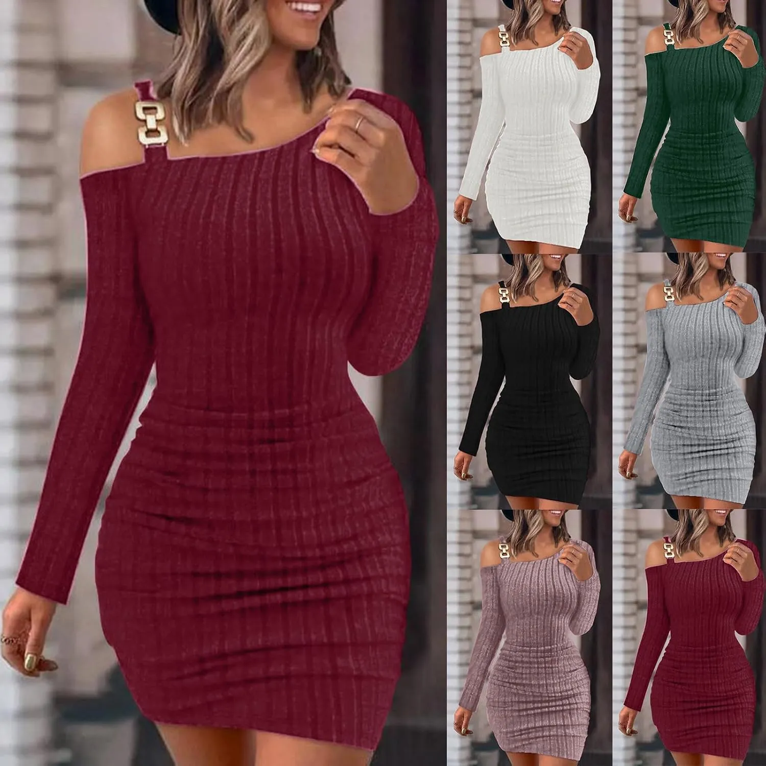 HGps8w Sweater Dress for Women Sexy Cold Shoulder Chain Strap Slim Fit Ribbed Knit Cocktail Party Bodycon Mini Dresses