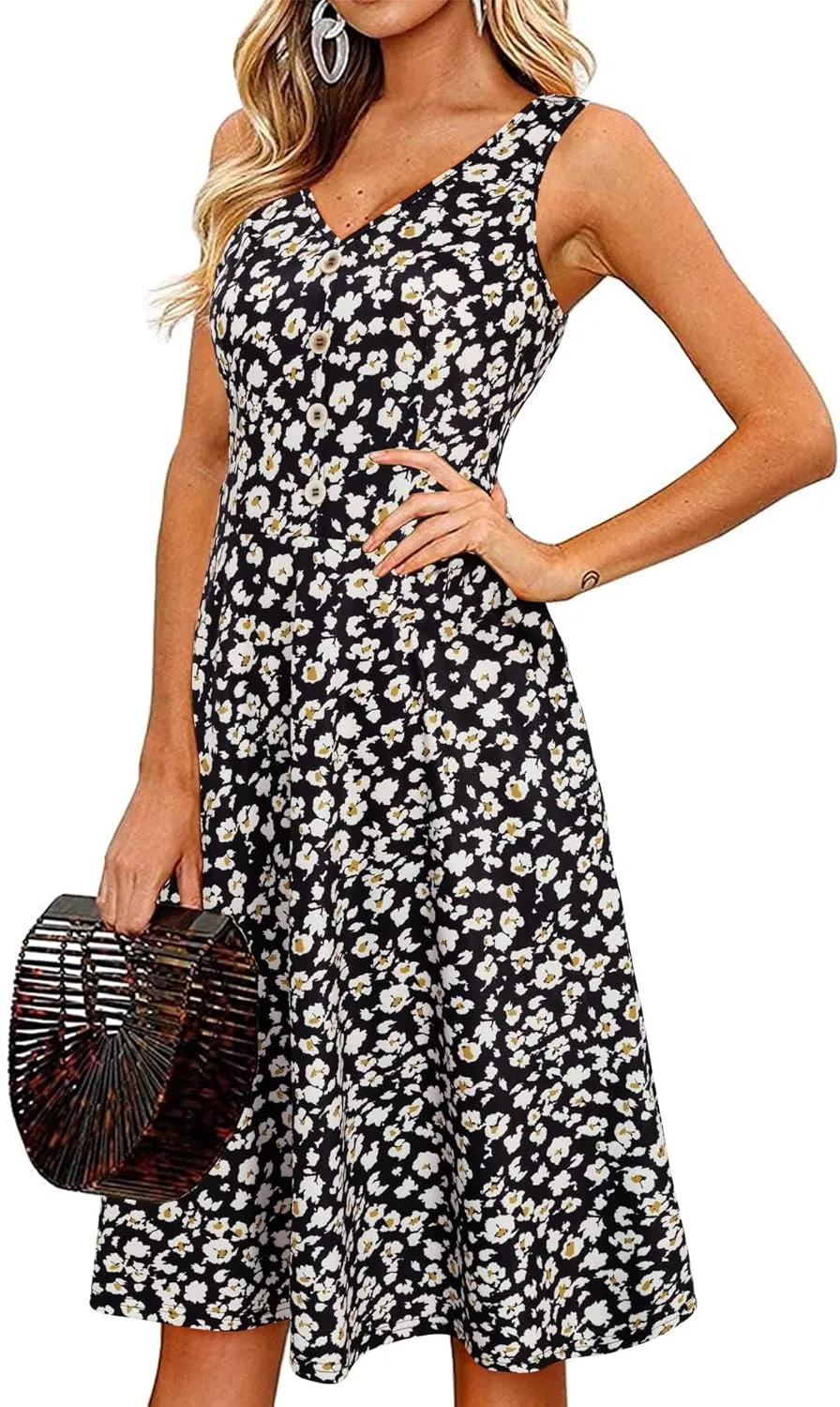 II ININ Women's 2025 Sundresses Casual Summer Tank Dress V Neck Sleeveless Button Down Midi Floral Beach Dress with Pockets