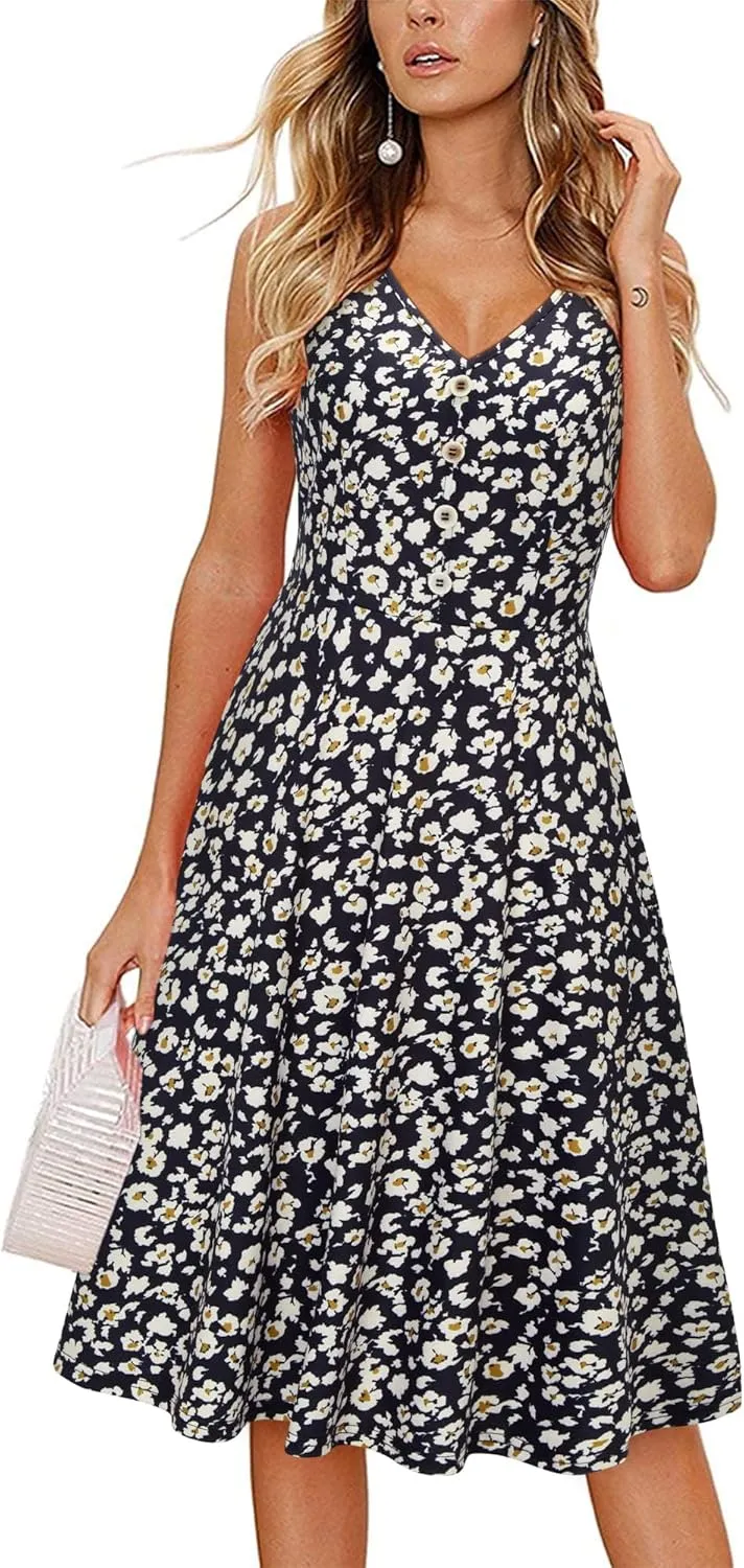 II ININ Women's 2025 Sundresses Casual Summer Tank Dress V Neck Sleeveless Button Down Midi Floral Beach Dress with Pockets