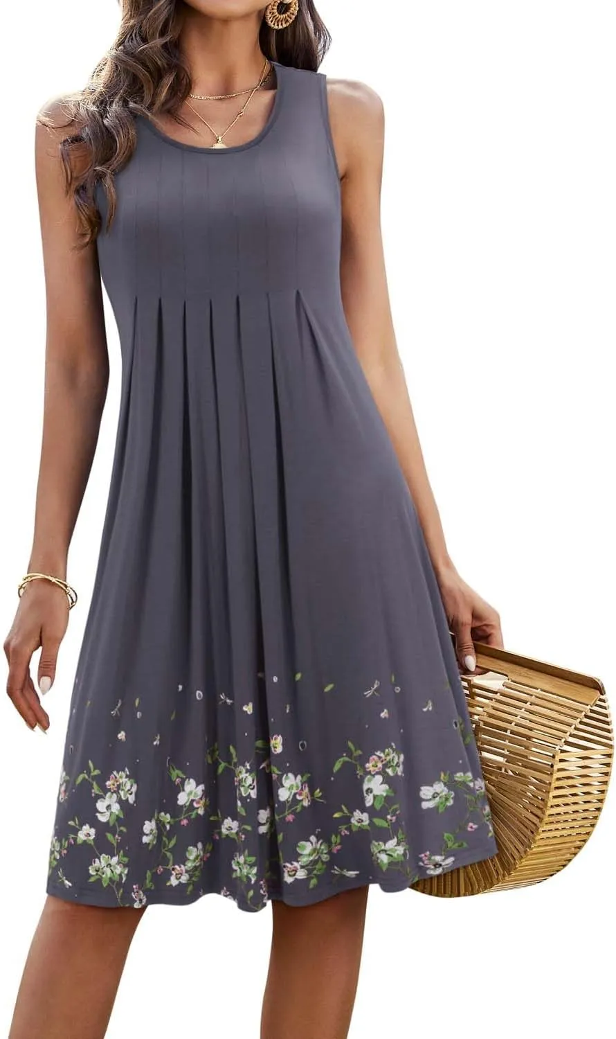 KILIG Womens Summer Dresses 2025 Casual Pleated Floral A-line Tank Sundress Beach Vacation Cruise Outfits