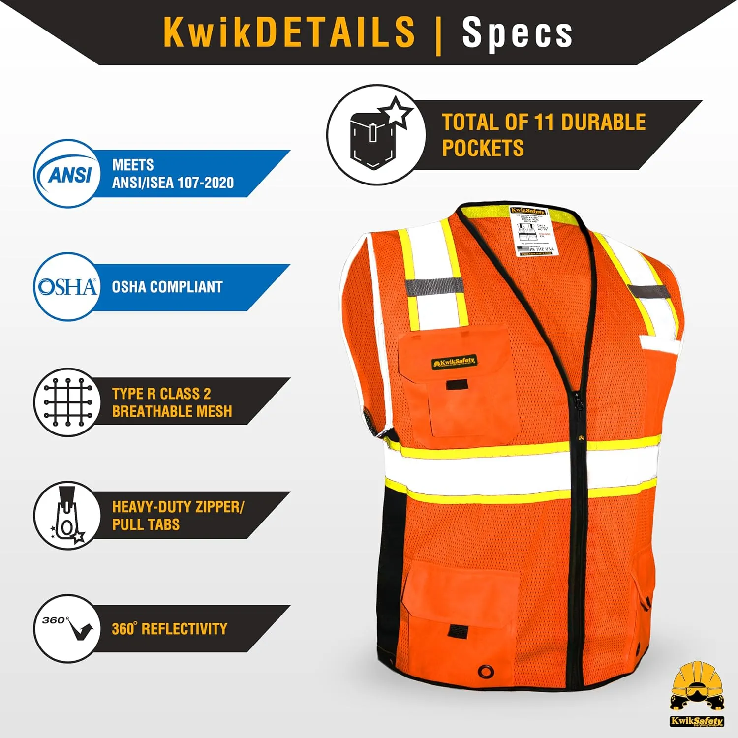KwikSafety - Charlotte, NC - BIG KAHUNA Safety Vest [11 Pockets] Class 2 ANSI OSHA Reflective High Visibility Heavy Duty Surveyor Construction Lightweight Industrial Work Gear/Orange Large