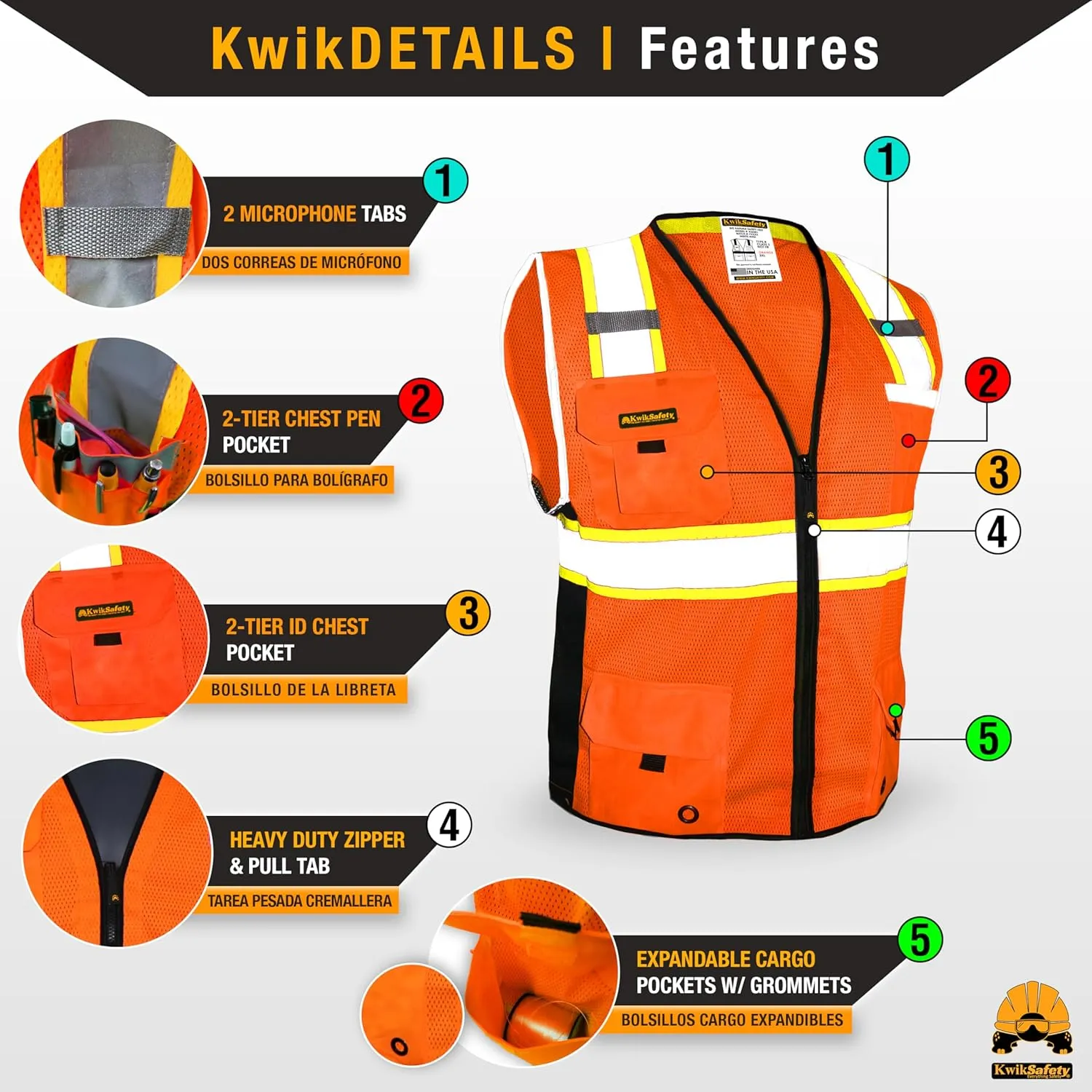 KwikSafety - Charlotte, NC - BIG KAHUNA Safety Vest [11 Pockets] Class 2 ANSI OSHA Reflective High Visibility Heavy Duty Surveyor Construction Lightweight Industrial Work Gear/Orange Large