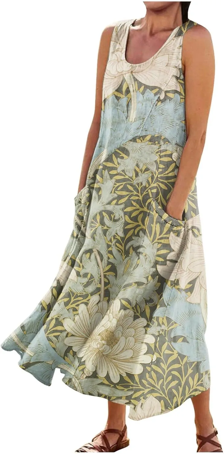Linen Dresses for Women 2025 Casual Summer Sleeveless Flowy Maxi Dress Plus Size Boho Sundress with Pockets