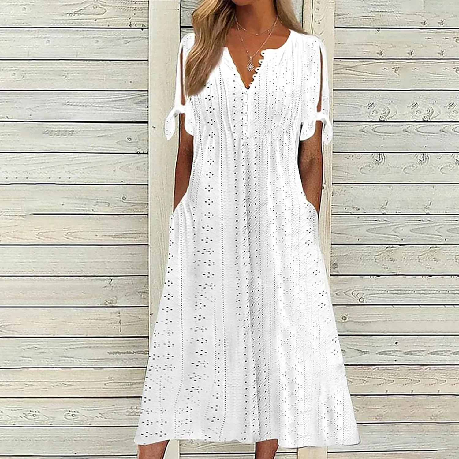 Maxi Long Dresses for Women 2025 Trendy Short Sleeve Eyelet Tshirt Dress Casual Summer Beach Vacation Sundress