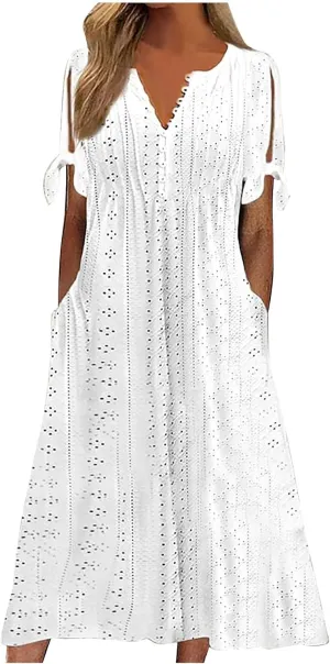 Maxi Long Dresses for Women 2025 Trendy Short Sleeve Eyelet Tshirt Dress Casual Summer Beach Vacation Sundress