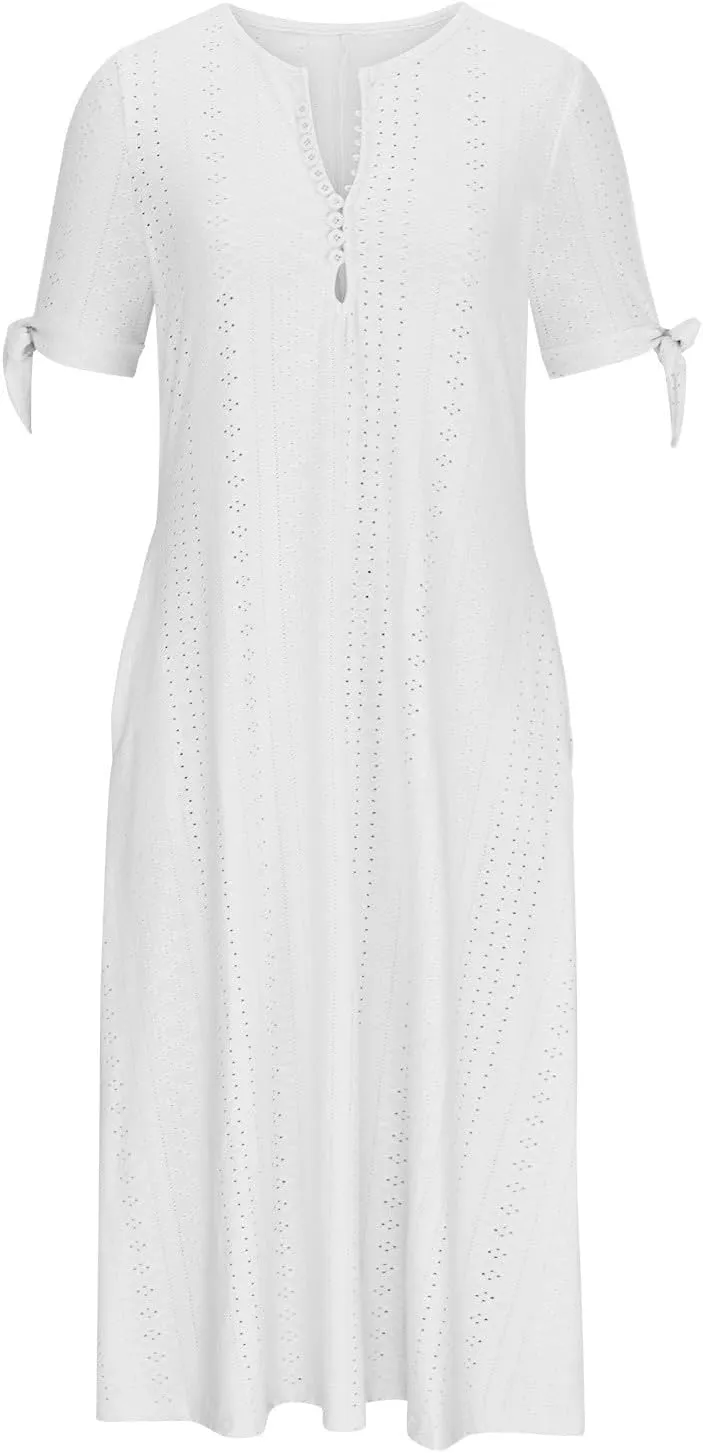 Maxi Long Dresses for Women 2025 Trendy Short Sleeve Eyelet Tshirt Dress Casual Summer Beach Vacation Sundress