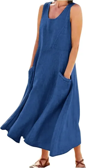 MOLERFO Linen Dress for Women Summer Sleeveless Solid Casual Baggy Flowy Maxi Dresses Plus Size Sundress with Pockets (A2-Blue,3X-Large)
